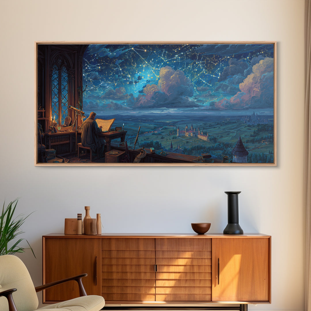 Scholar Studying A Starry Medieval Sky Wall Art, Gothic Library Decor, Fantasy Castle Landscape, Dark Academia Print, Book Lover Gift