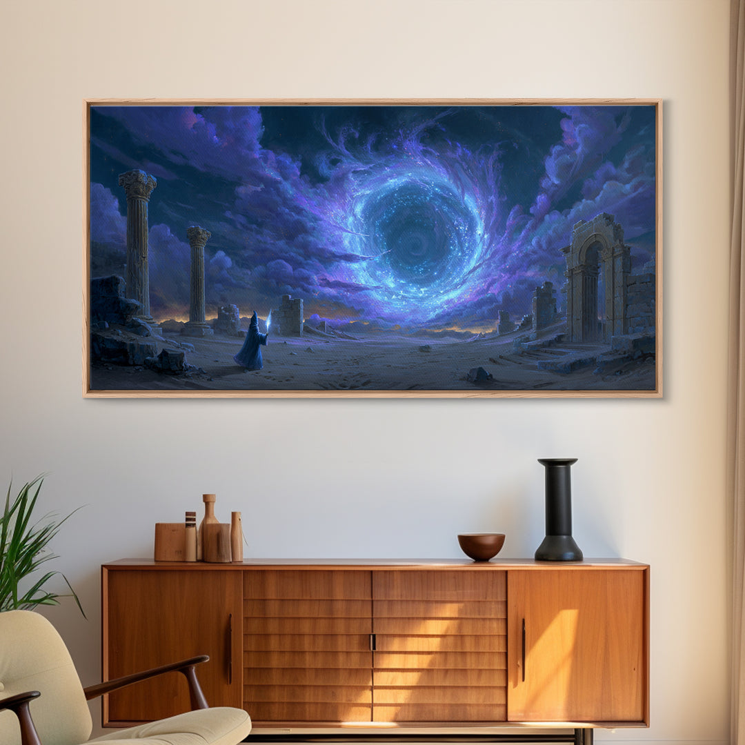 Wizard Portal Ruins Wall Art, Cosmic Vortex Fantasy Canvas, Mystical Dark Magic Decor, Surreal Landscape Art Print For Game Room