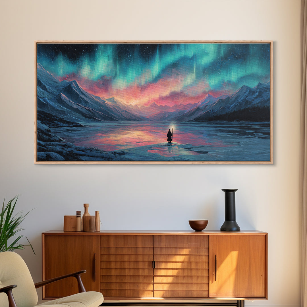Northern Lights Over Mountain Lake Canvas Print, Aurora Wall Art, Peaceful Landscape For Cabin Decor And Above Bed Wall Decor