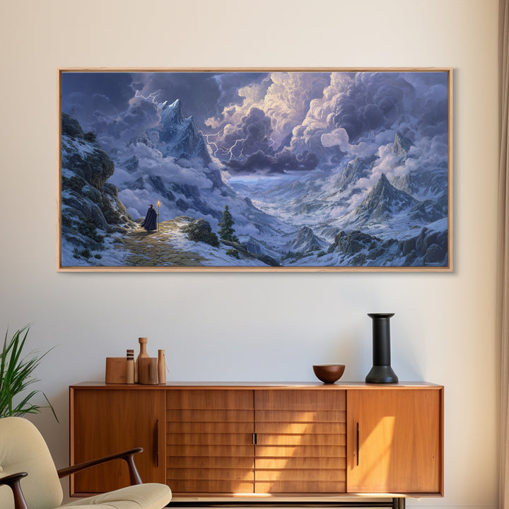Snowy Mountain Wizard Wall Art, Epic Fantasy Canvas Print, Dungeons And Dragons Decor, Winter Landscape, Gamer Gift, Gift For Him
