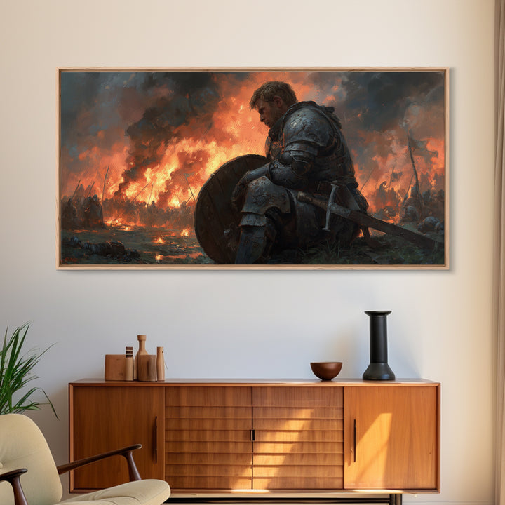 Wounded Medieval Knight On Burning Battlefield Wall Art, Dark Fantasy Warrior Canvas, Gothic Man Cave Decor, Gift For Him