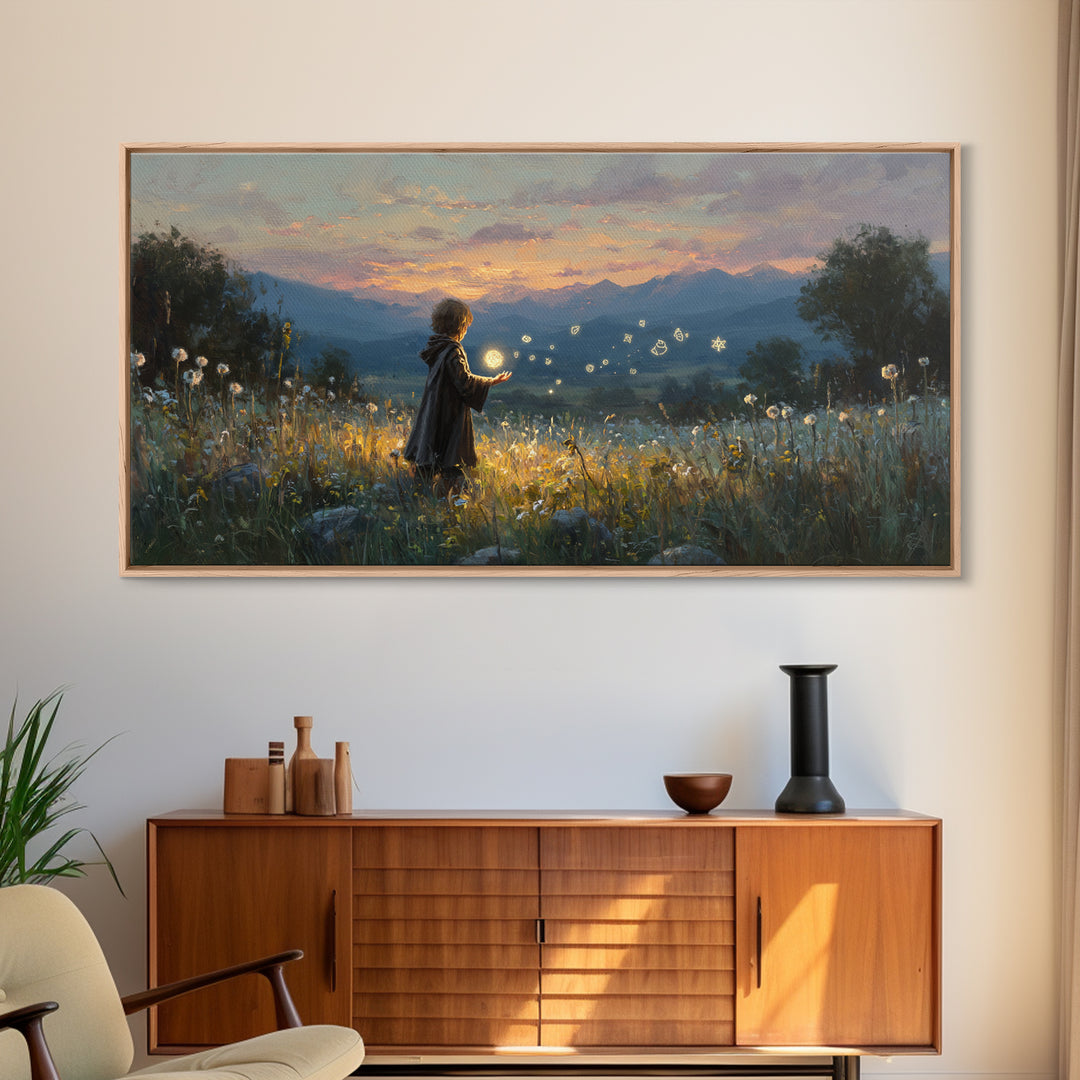 Child With Fireflies In Wildflower Meadow Wall Art, Whimsical Landscape Canvas Print, Nursery Decor, Magical Nature Gift