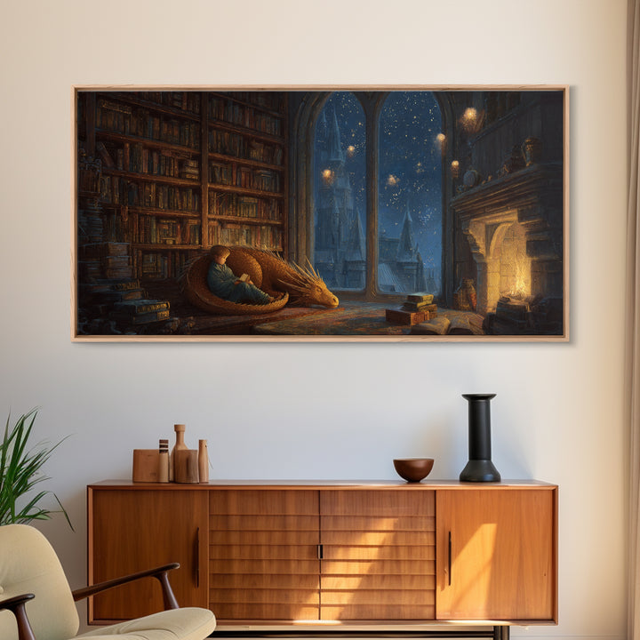 Sleeping Dragon In Cozy Library Wall Art, Fantasy Book Nook Canvas Print, Dark Academia Decor, Gift For Book Lover And Reader