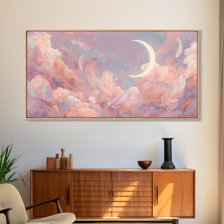 Crescent Moon And Pastel Feather Clouds Canvas Print, Celestial Wall Art, Soft Pink Nursery Decor, Dreamy Bedroom Decor, Gift