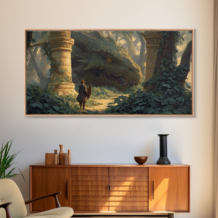 Ancient Forest Dragon Encounter Canvas Print, Fantasy Adventure Artwork, Medieval Ruins Decor, Dragon Art Print, Gift For Gamer