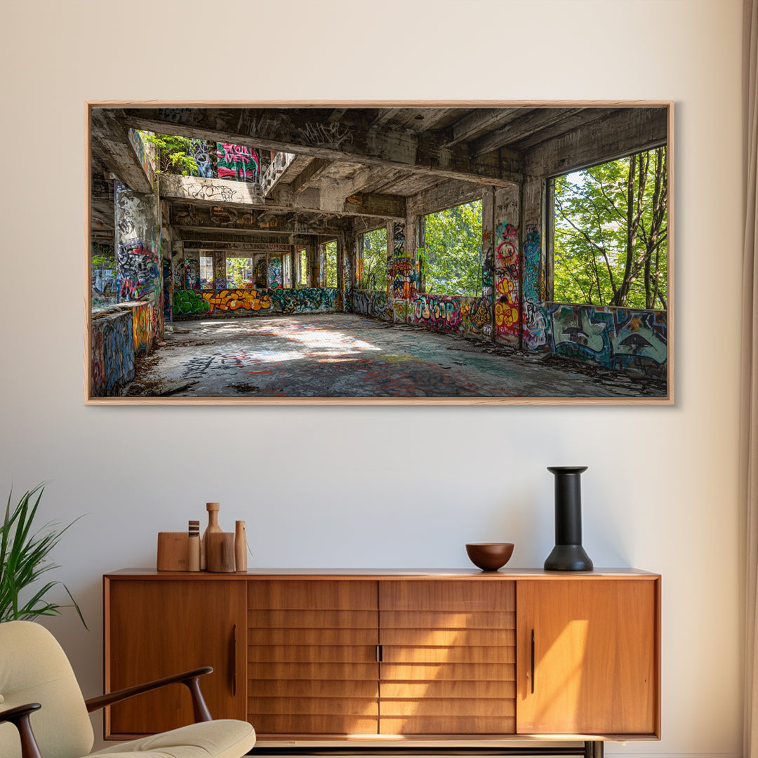 Abandoned Graffiti Warehouse Canvas Print, Urban Decay Wall Art, Industrial Street Art Decor, Edgy Loft Photography Print