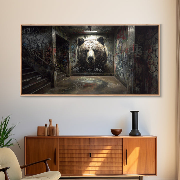 Giant Bear Graffiti Tunnel Wall Art, Urban Street Art Print, Edgy Industrial Decor, Modern Office Poster, Wildlife Mural