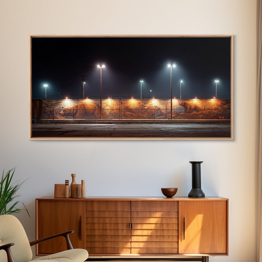 Night Industrial Light Yard Wall Art, Urban Street Photography Style Canvas, Moody Office Decor, Modern Loft Print For Him