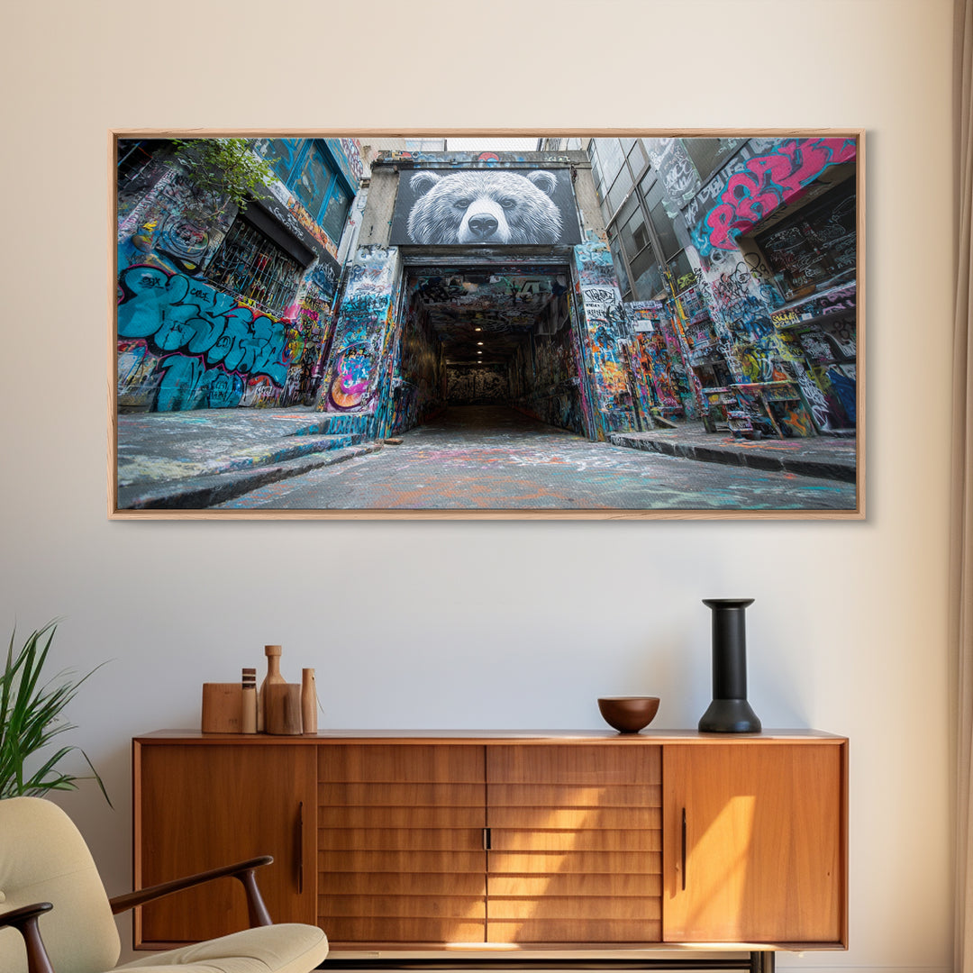 Graffiti Alley Bear Mural Wall Art, Urban Street Art Canvas Print, Bold Modern Decor For Loft, Office, Man Cave, Apartment Wall Decor