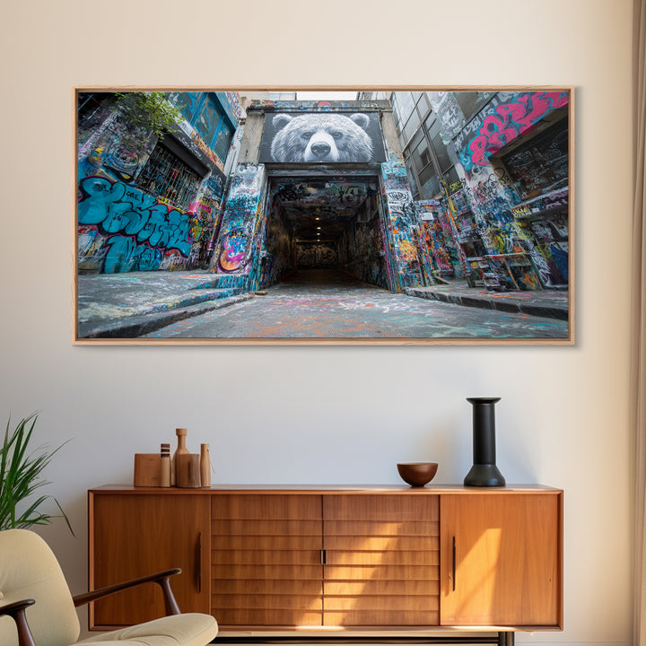 Graffiti Alley Bear Mural Wall Art, Urban Street Art Canvas Print, Bold Modern Decor For Loft, Office, Man Cave, Apartment Wall Decor