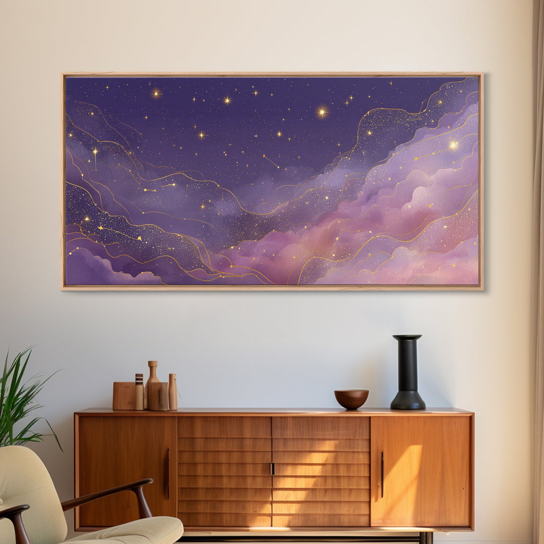 Purple Starry Sky With Gold Constellations Wall Art, Celestial Canvas Print, Mystical Bedroom Decor, Astrology Gift For Her