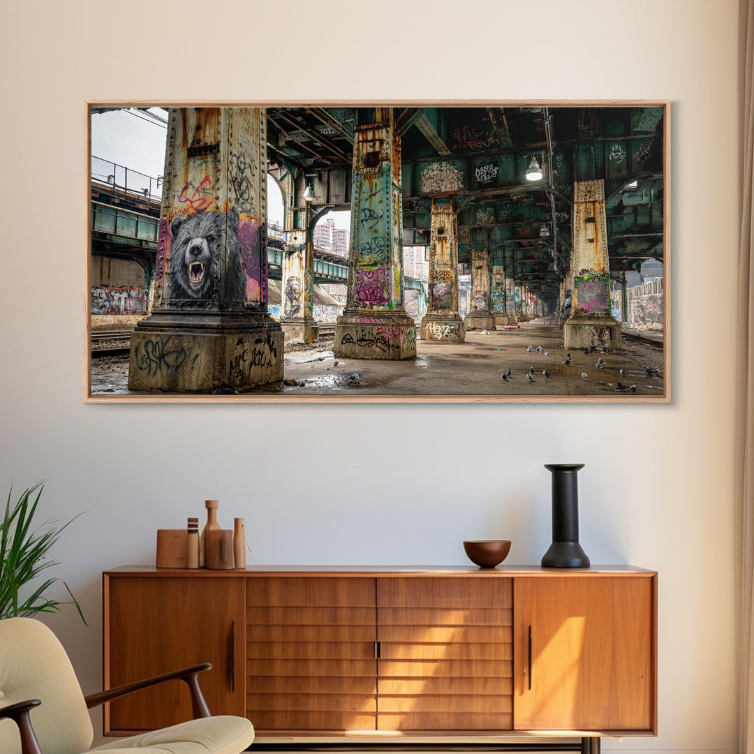 Graffiti Bear Underpass Wall Art, Urban Street Art Canvas Print, Industrial Decor, Man Cave Poster, Modern Wall Decor Print