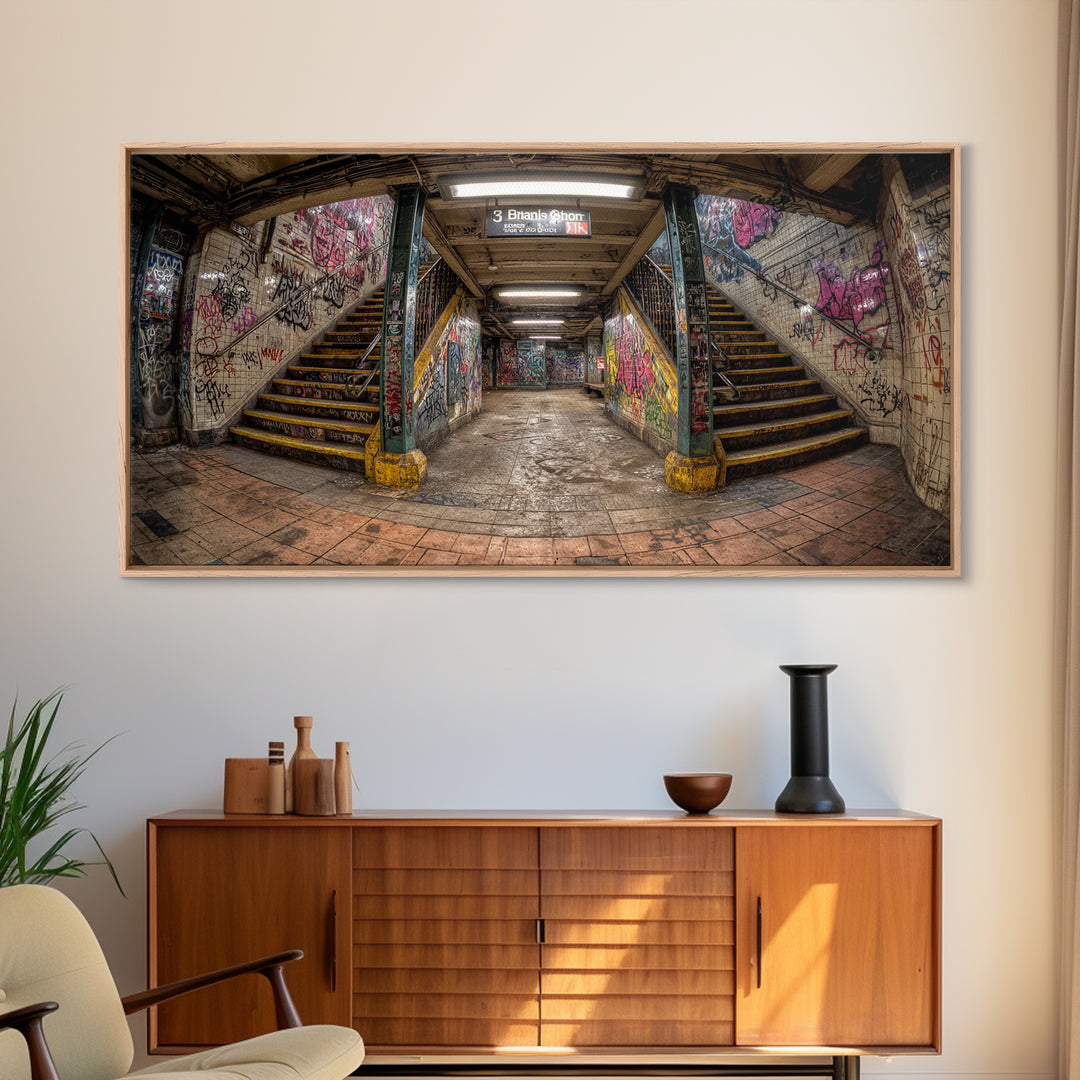 Graffiti Subway Stairwell Framed Canvas Print, Urban Street Art Wall Decor, Gritty Industrial Office Wall Art For Living Room