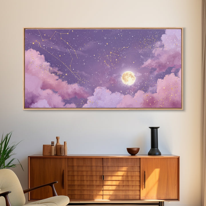 Full Moon Purple Night Sky Wall Art, Gold Constellations And Clouds Canvas Print, Celestial Bedroom Decor Gift, Astrology Wall Decor