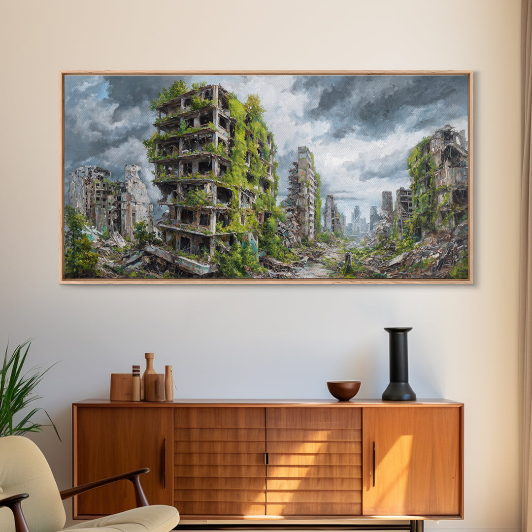 Overgrown Ruined Cityscape Wall Art, Post Apocalyptic Landscape Canvas Print, Urban Nature Decor For Modern Home And Office