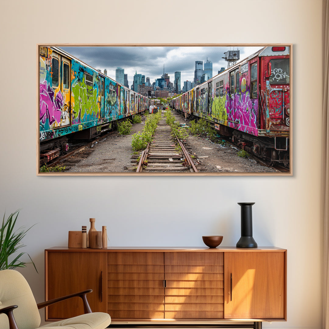 Graffiti Train Yard With City Skyline Wall Art, Urban Street Art Canvas Print, Colorful Industrial Decor, Modern Loft Gift