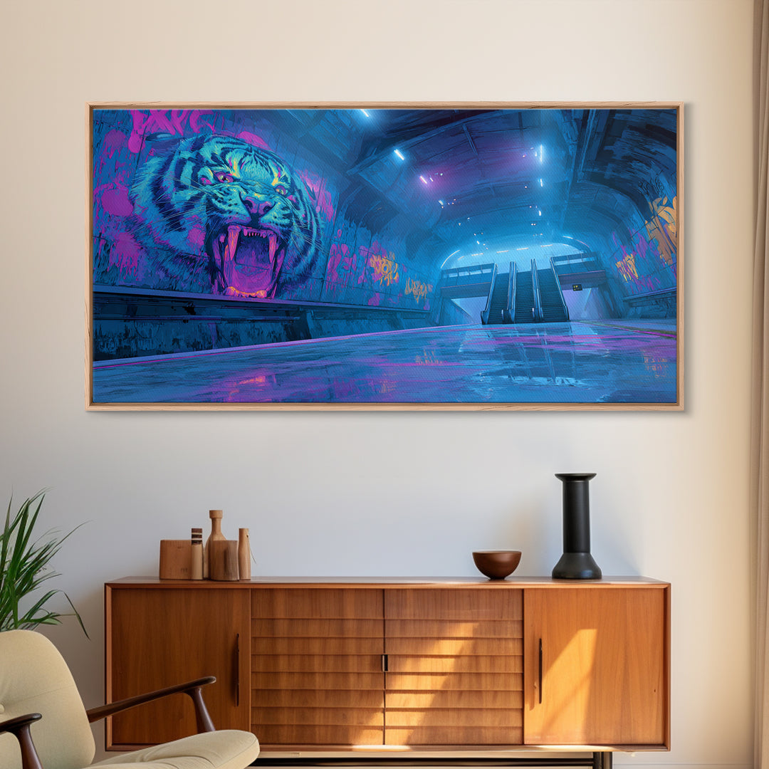 Neon Tiger Subway Canvas Print, Cyberpunk Graffiti Wall Art, Futuristic Blue Pink Gaming Room Decor, Bold Urban Gift For Him