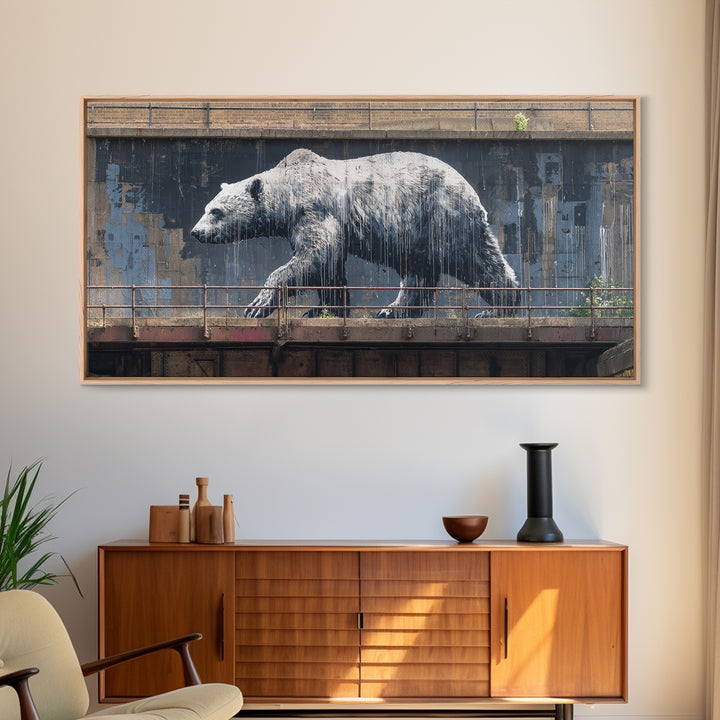 Polar Bear Graffiti On Industrial Concrete Wall Art, Urban Street Art Print, Wildlife Decor, Modern Wall Decor, Animal Lover Gift