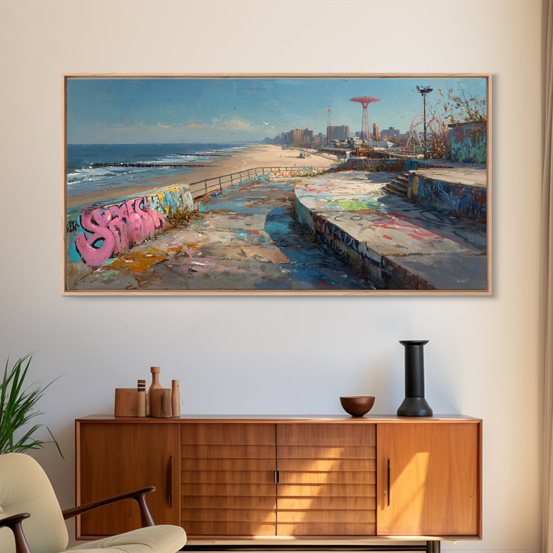 Graffiti Beach Boardwalk Seascape Wall Art, Coney Island Style Travel Poster, Urban Coastal Decor, Ocean City Print, Summer Beach Art