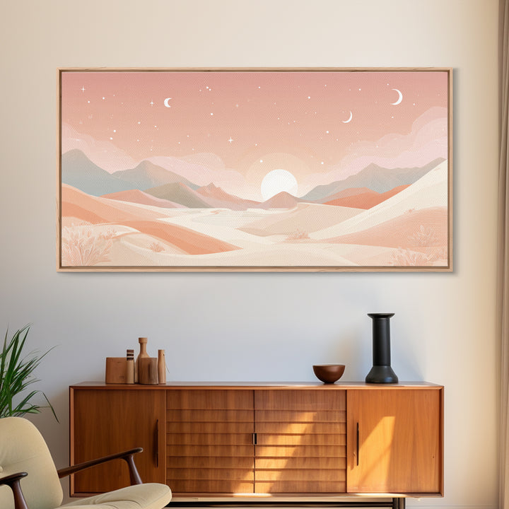 Pastel Desert Sunrise Landscape Canvas Print, Minimalist Mountain Wall Art, Boho Neutral Home Decor For Bedroom And Living Room