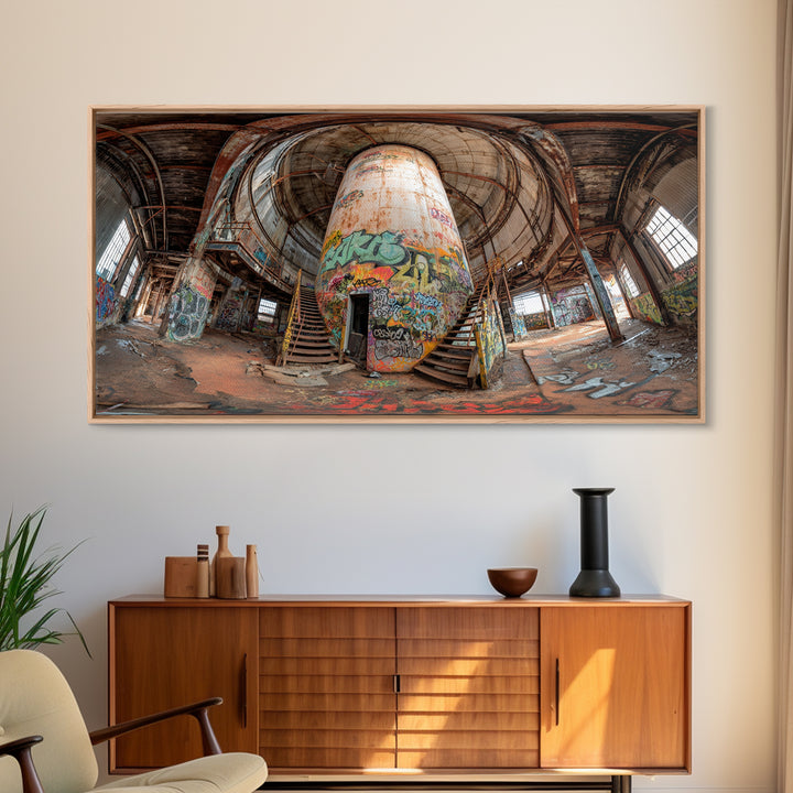 Abandoned Graffiti Silo Wall Art, Urban Industrial Interior Photograph, Street Art Decor, Modern Loft Canvas Print Gift For Home