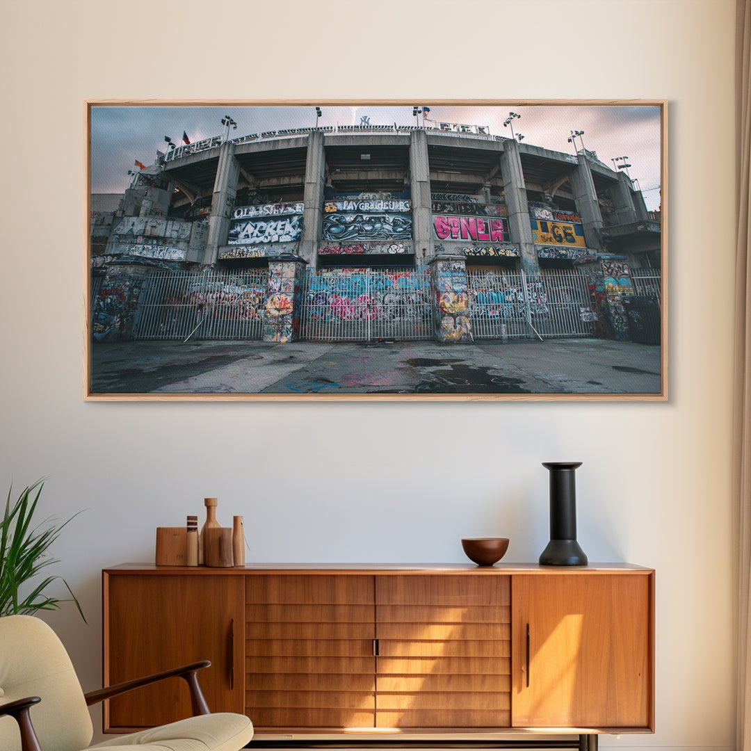 Abandoned Graffiti Stadium Facade Wall Art, Urban Street Art Canvas Print, Industrial Decor, Man Cave And Office Wall Decor