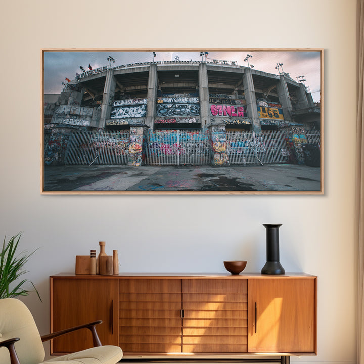 Abandoned Graffiti Stadium Facade Wall Art, Urban Street Art Canvas Print, Industrial Decor, Man Cave And Office Wall Decor