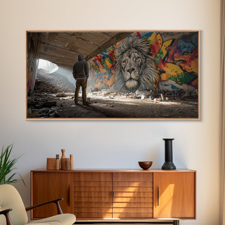Hooded Figure Before Graffiti Lion Wall Art, Urban Street Art Canvas Print, Bold Industrial Decor, Gift For Him, Modern Home Decor