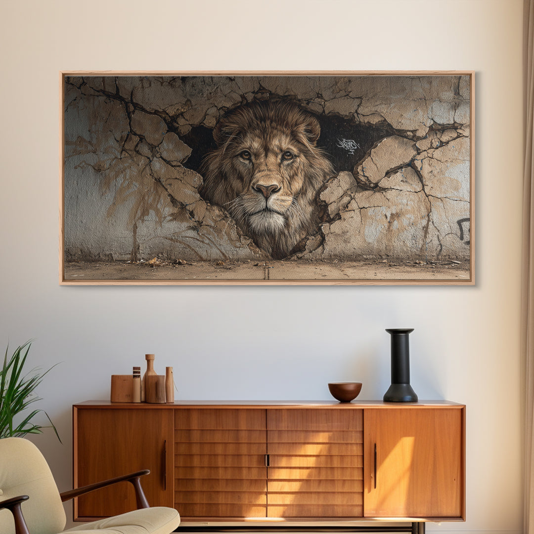 Cracked Wall Lion Mural Wall Art, Wildlife Graffiti Canvas Print, Big Cat Street Art, Urban Decor For Modern Living Room