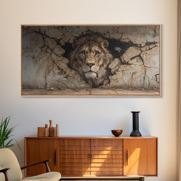 Cracked Wall Lion Mural Wall Art, Wildlife Graffiti Canvas Print, Big Cat Street Art, Urban Decor For Modern Living Room