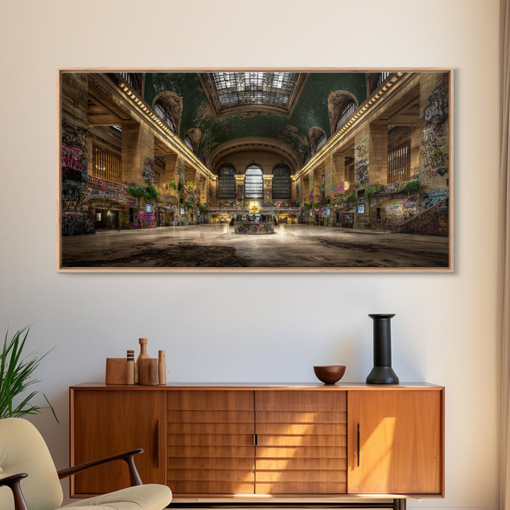 Overgrown Grand Train Station Wall Art, Abandoned Urban Canvas Print, Graffiti Decor, Architecture Poster, Eclectic Wall Decor
