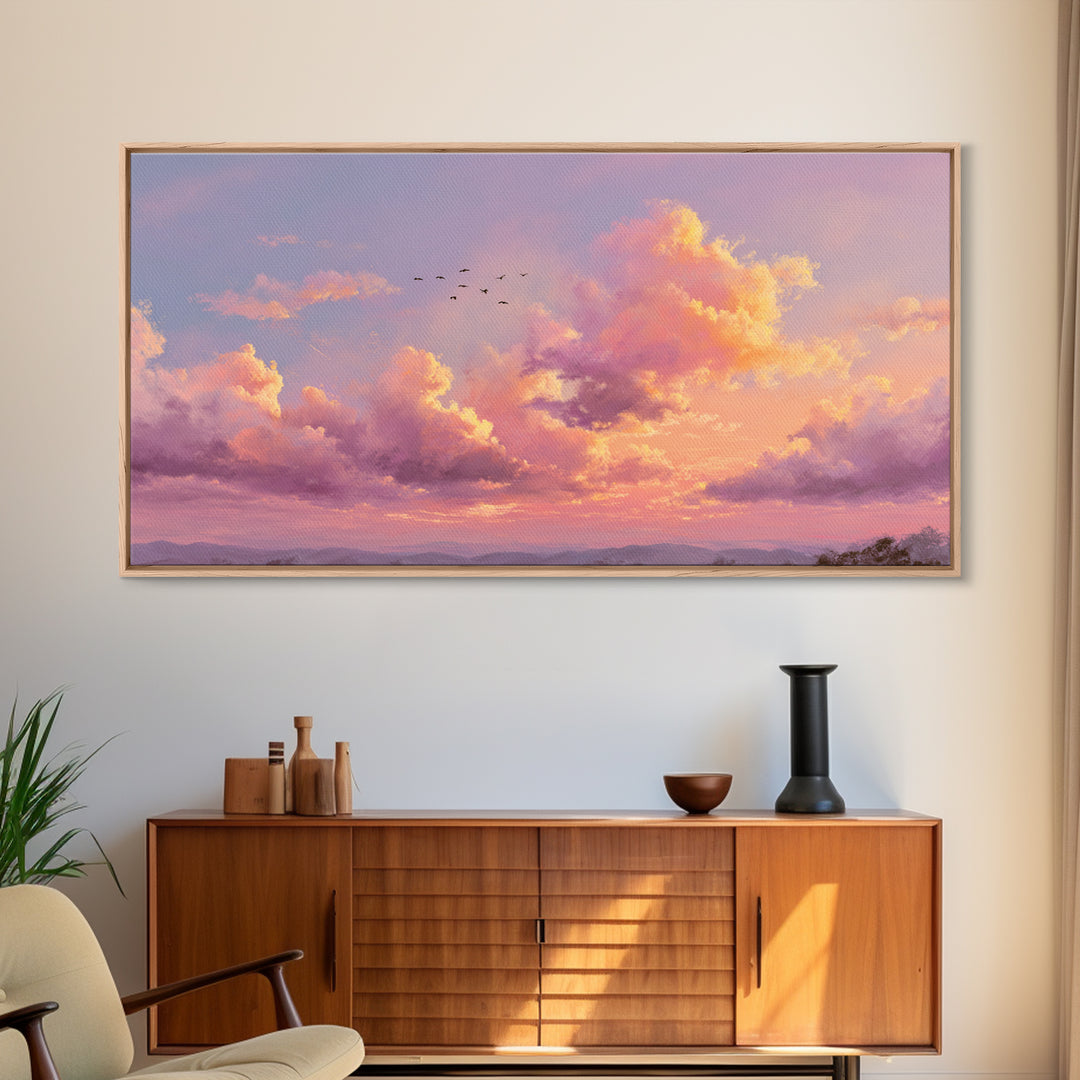 Golden Pink Sunset Clouds Over Mountains Wall Art, Serene Landscape Canvas Print, Living Room Decor, Housewarming Gift For Her