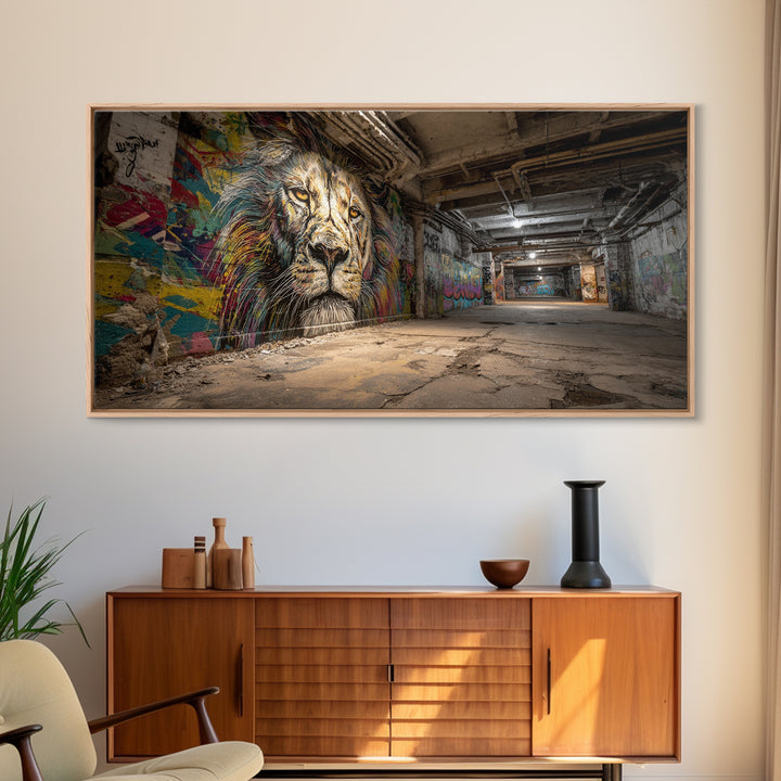 Underground Lion Graffiti Wall Art, Urban Street Art Canvas Print, Industrial Decor, Bold Wildlife Mural For Loft Office