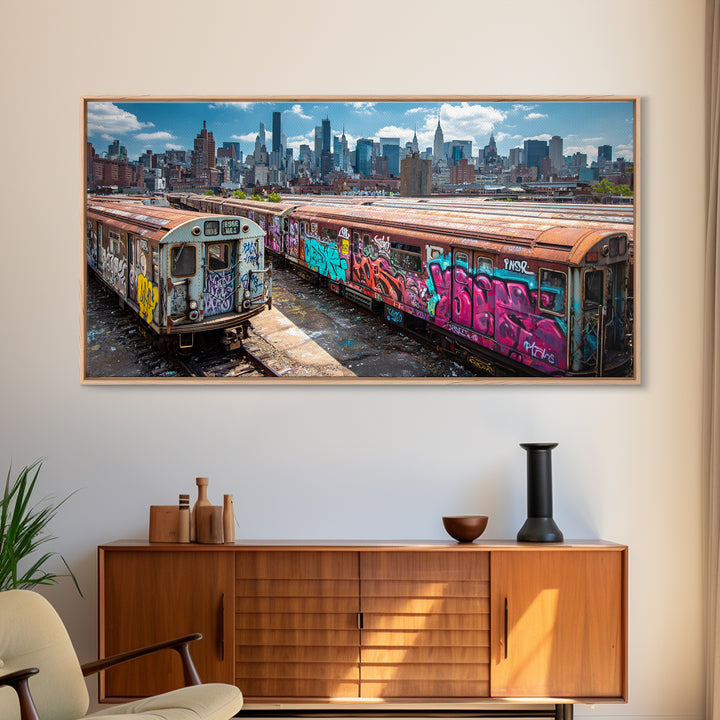 Graffiti Subway Trains With New York Skyline Wall Art, Urban Street Art Canvas Print, NYC Decor, Industrial Office Poster