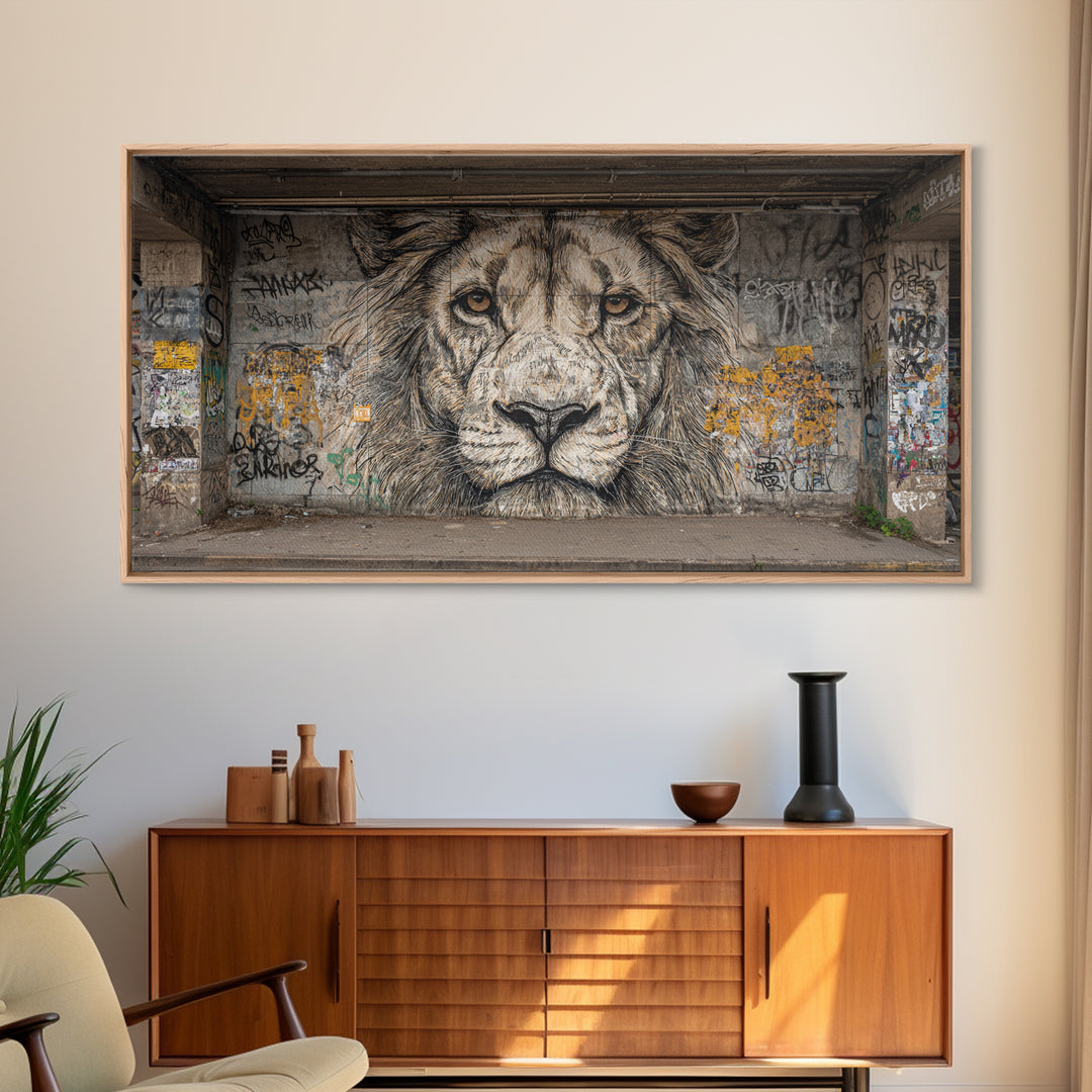 Black And White Lion Graffiti Wall Art, Urban Street Art Mural Print, Big Cat Decor, Masculine Office Decor, Gift For Him
