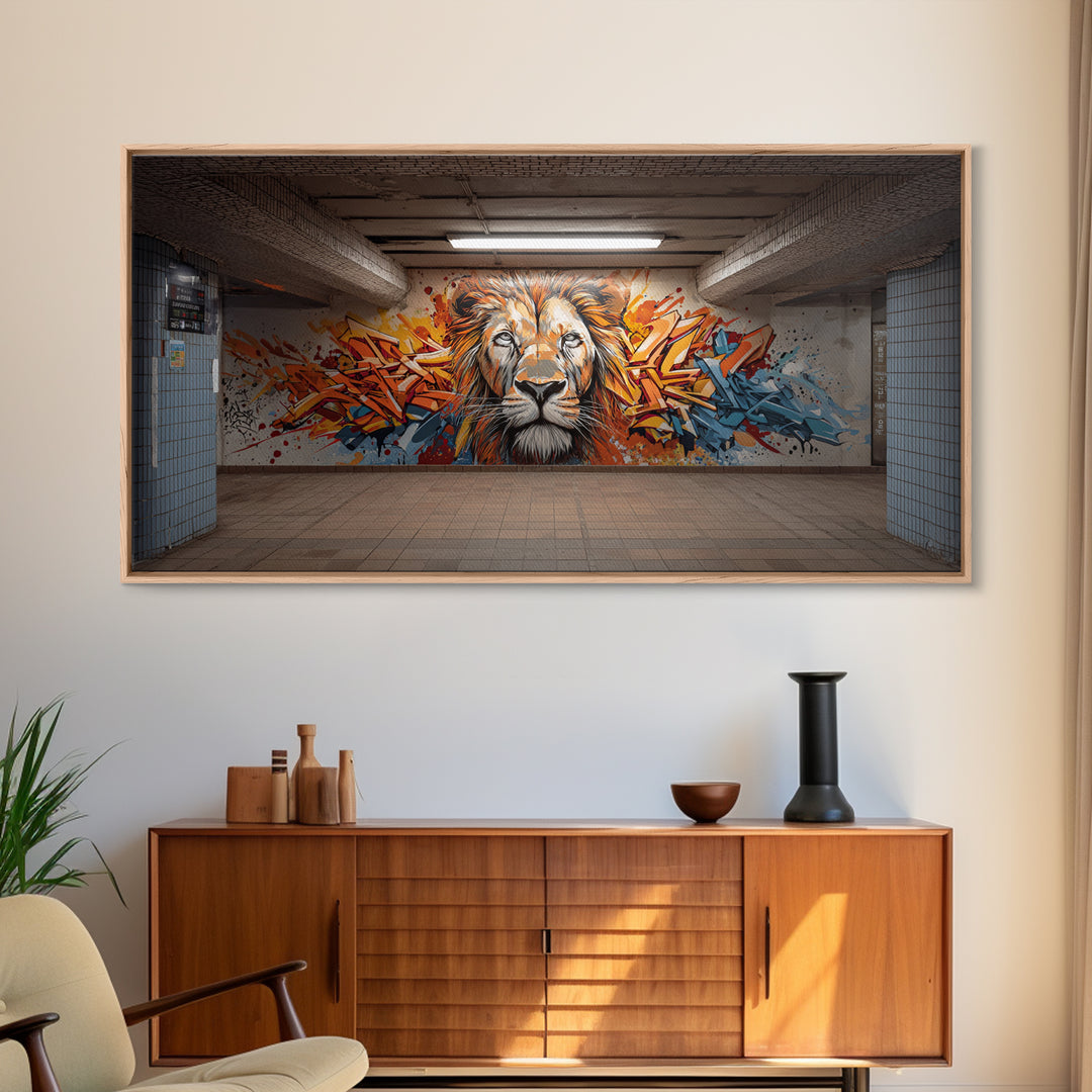 Colorful Graffiti Lion Subway Wall Art, Urban Street Art Canvas Print, Bold Modern Decor, Industrial Loft Statement Art Print