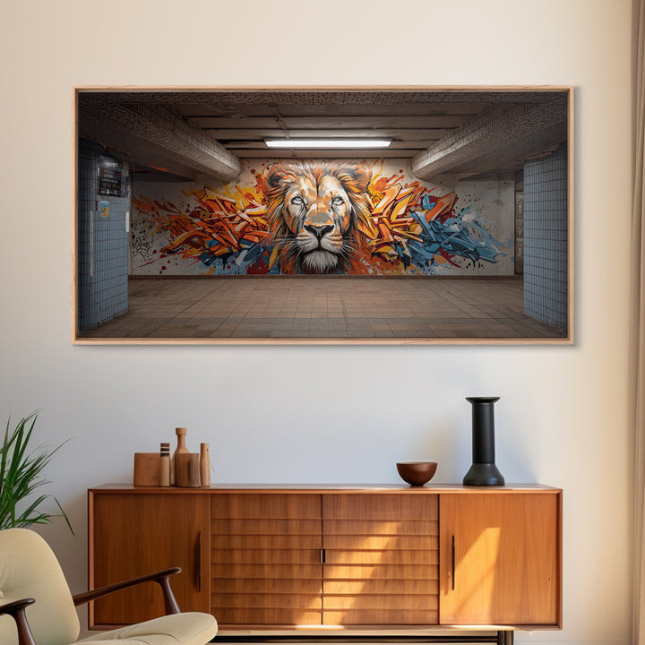 Colorful Graffiti Lion Subway Wall Art, Urban Street Art Canvas Print, Bold Modern Decor, Industrial Loft Statement Art Print