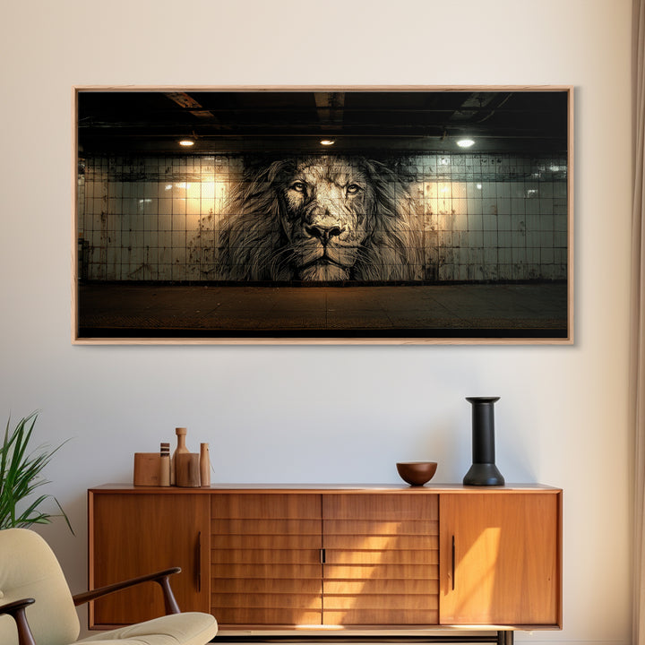 Black And White Lion Mural Wall Art, Urban Street Art Canvas, Industrial Loft Decor, Masculine Office Wall Decor, Bold Art Print