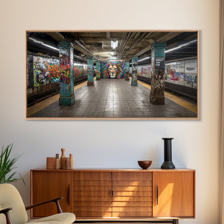 Graffiti Subway Platform With Lion Mural Wall Art, Urban Street Art Canvas Print, Pop Art Decor, Modern Office Wall Decor