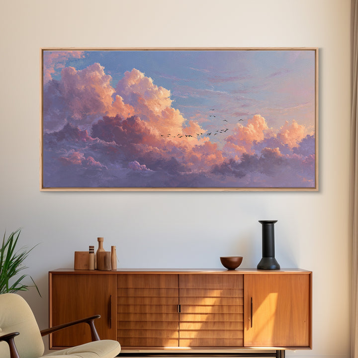 Dramatic Pastel Cloudscape With Birds Canvas Print, Sunset Sky Wall Art, Large Landscape Decor For Living Room, Office Decor