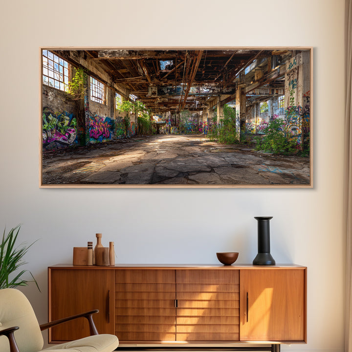 Abandoned Warehouse Graffiti Wall Art, Urban Decay Photography Canvas Print, Industrial Loft Decor, Large Street Art Poster