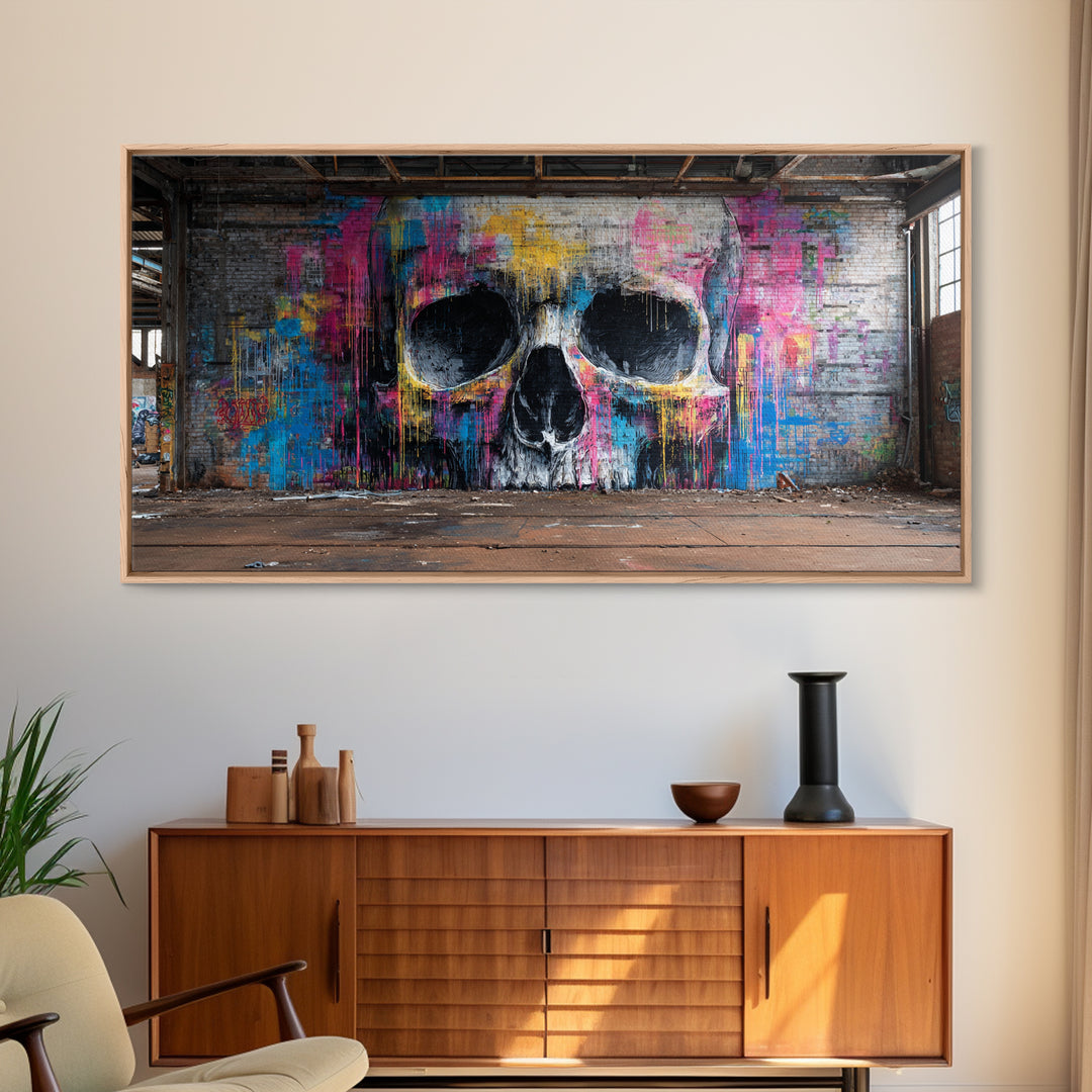 Neon Graffiti Skull Mural In Abandoned Warehouse Wall Art, Street Art Print, Gothic Decor, Edgy Urban Poster, Man Cave Decor