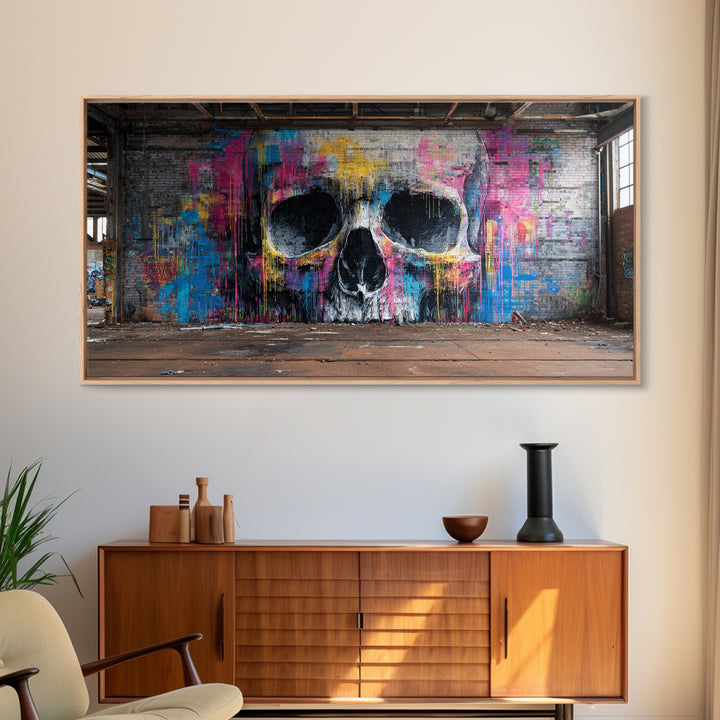 Neon Graffiti Skull Mural In Abandoned Warehouse Wall Art, Street Art Print, Gothic Decor, Edgy Urban Poster, Man Cave Decor