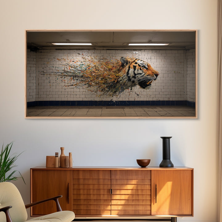 Exploding Tiger Subway Mural Wall Art, Urban Street Art Canvas Print, Bold Animal Decor, Maximalist Gift For Him Modern Loft