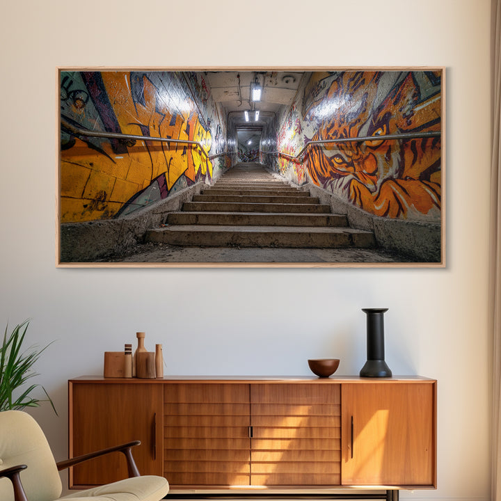 Graffiti Stairway Tunnel Wall Art, Underground Urban Street Art Canvas Print, Gritty Industrial Decor, Colorful Modern Art