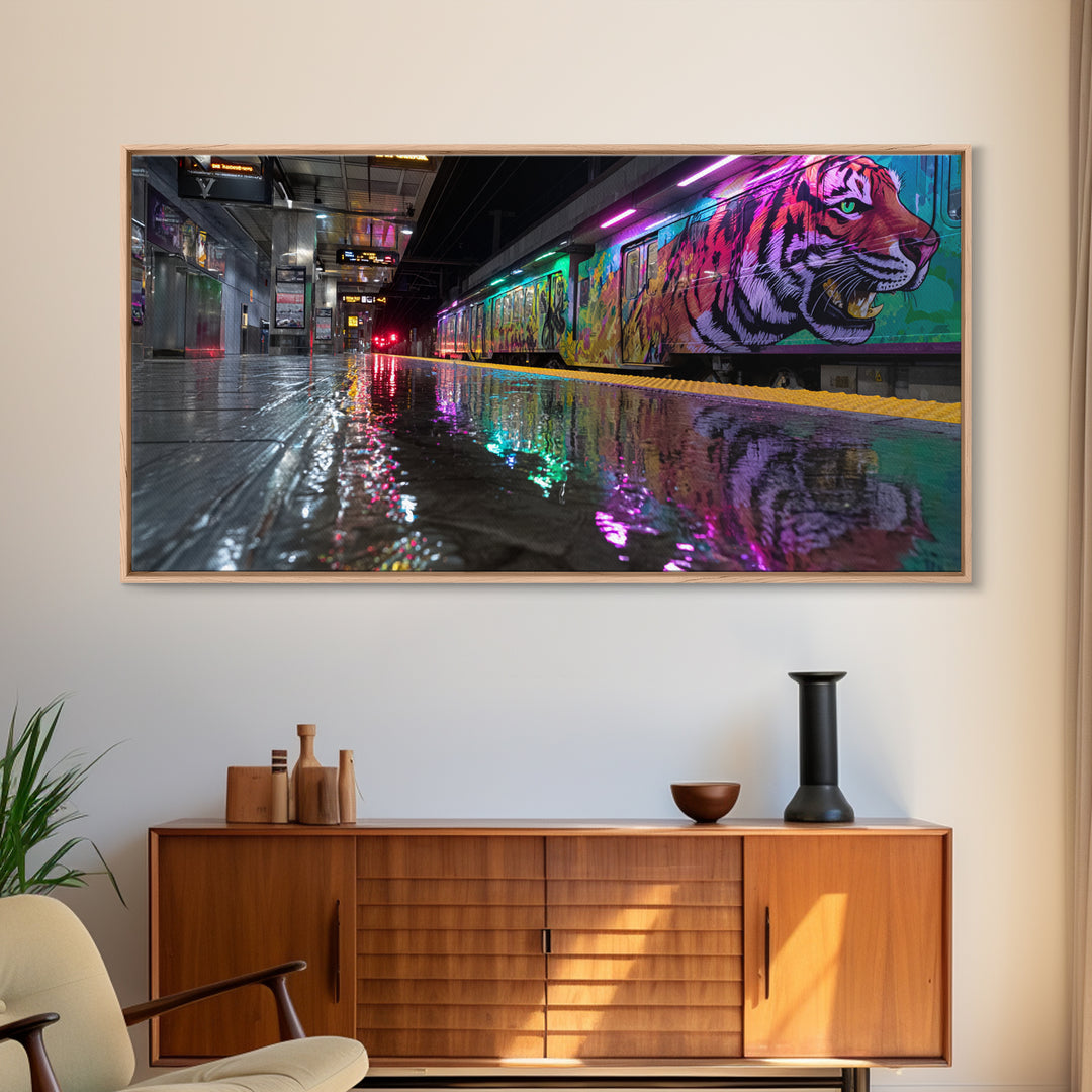Neon Tiger Train Station Wall Art, Urban Subway Graffiti Canvas Print, Cyberpunk Animal Decor For Modern Living Room Gallery