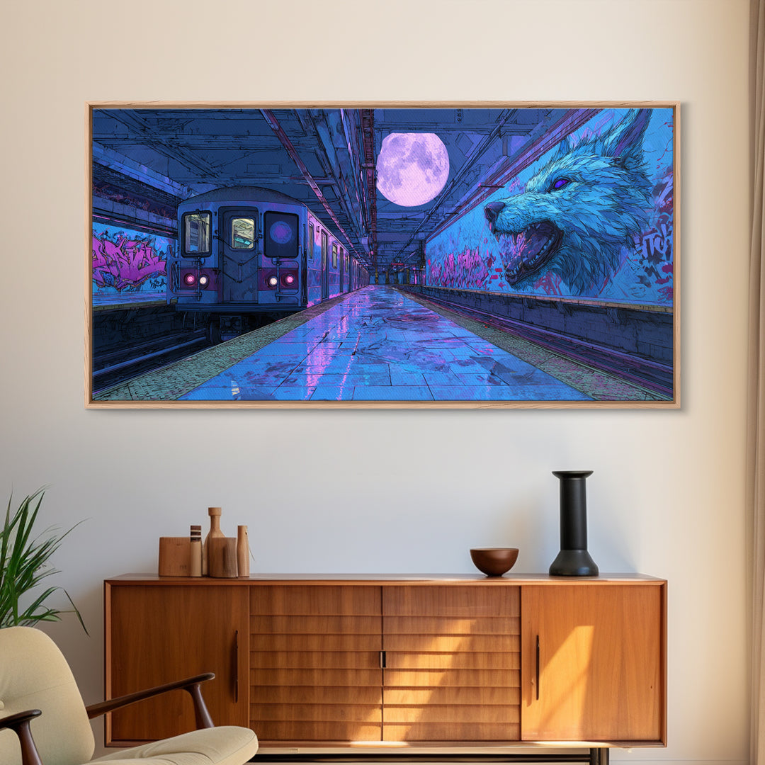 Moonlit Subway Wolf Canvas Print, Cyberpunk Train Station Wall Art, Neon Animal Graffiti Decor, Modern Urban Home Decor For Gamer Room