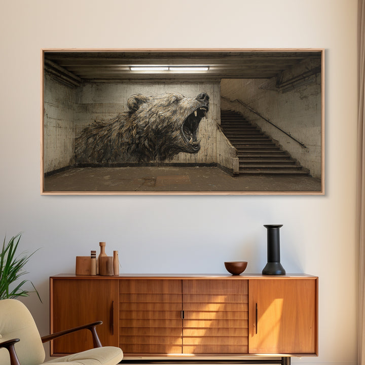 Roaring Bear Urban Subway Wall Art, Black And White Graffiti Canvas Print, Industrial Bathroom Decor, Animal Poster, Gift