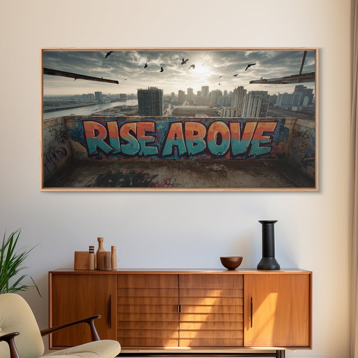 Rise Above Rooftop Graffiti Wall Art, Inspirational Urban Canvas Print, City Skyline Decor, Motivational Office Art Poster