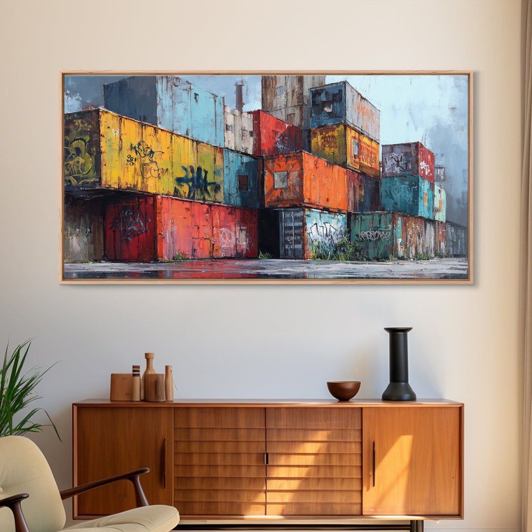 Stacked Graffiti Shipping Containers Wall Art, Urban Industrial Canvas Print, Street Art Decor, Modern Office Wall Decor